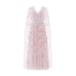 Needle and Thread Versailles Ditsy V-Neck Cape Sleeve Ankle Gown in Shell/Bright