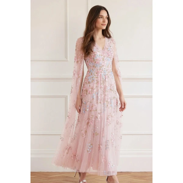 Needle and Thread Versailles Ditsy V-Neck Cape Sleeve Ankle Gown in Shell/Bright, view 3