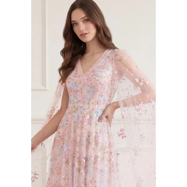 Needle and Thread Versailles Ditsy V-Neck Cape Sleeve Ankle Gown in Shell/Bright, view 4