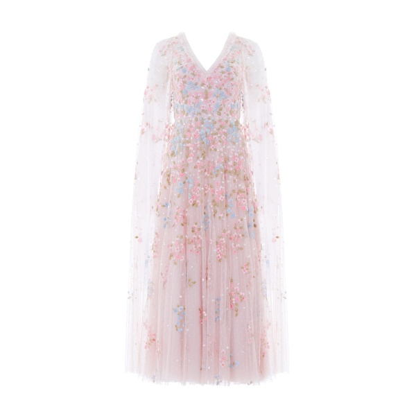 Needle and Thread Versailles Ditsy V-Neck Cape Sleeve Ankle Gown in Shell/Bright