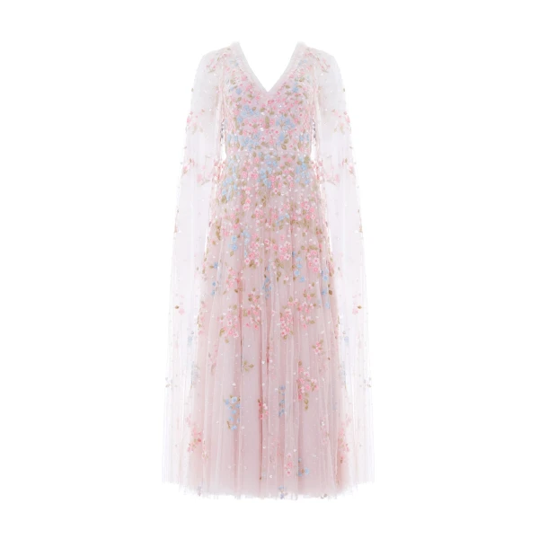 Needle and Thread Versailles Ditsy V-Neck Cape Sleeve Ankle Gown in Shell/Bright