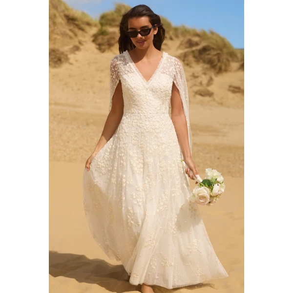 Needle and Thread Versailles Ditsy V-Neck Cape Sleeve Ankle Gown in Swan White, view 2