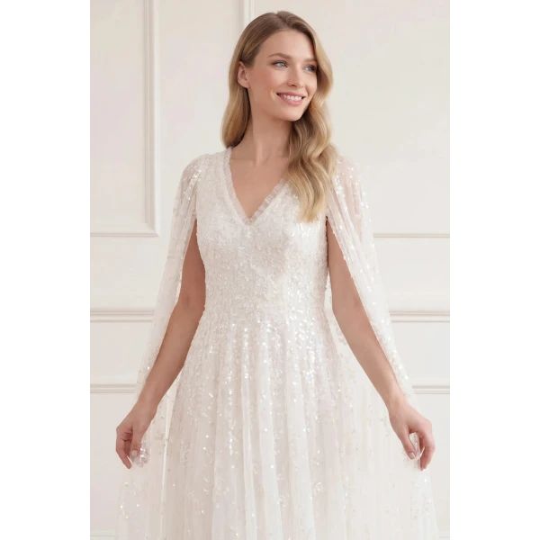 Needle and Thread Versailles Ditsy V-Neck Cape Sleeve Ankle Gown in Swan White, view 5