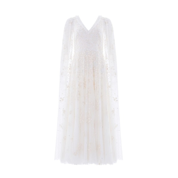 Needle and Thread Versailles Ditsy V-Neck Cape Sleeve Ankle Gown in Swan White