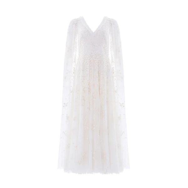 Needle and Thread Versailles Ditsy V-Neck Cape Sleeve Ankle Gown in Swan White
