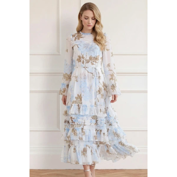 Needle and Thread Wisteria Chiffon Round Neck Ankle Gown in Optic White/Blue, view 2