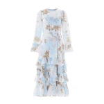 Needle and Thread Wisteria Chiffon Round Neck Ankle Gown in Optic White/Blue