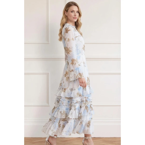 Needle and Thread Wisteria Chiffon Round Neck Ankle Gown in Optic White/Blue, view 3
