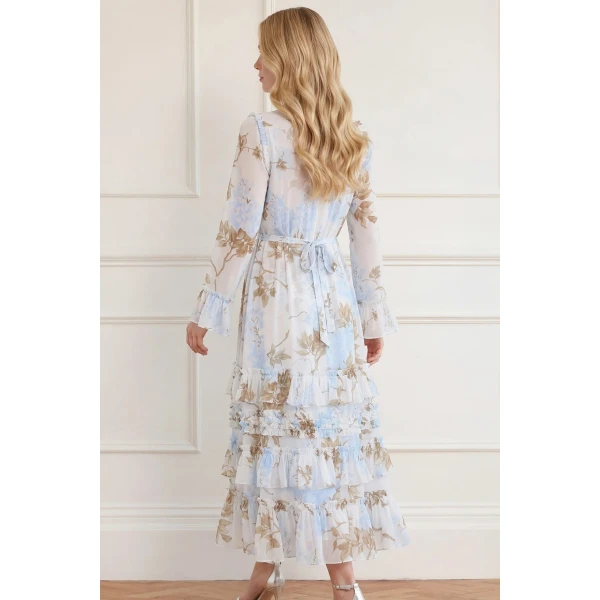 Needle and Thread Wisteria Chiffon Round Neck Ankle Gown in Optic White/Blue, view 6