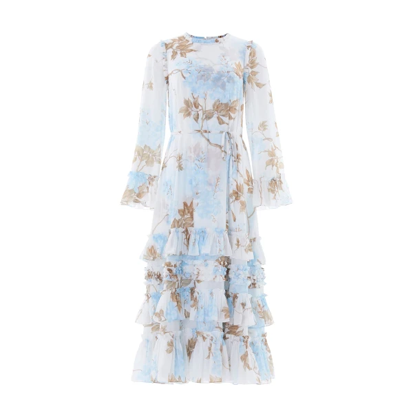 Needle and Thread Wisteria Chiffon Round Neck Ankle Gown in Optic White/Blue