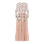 Needle and Thread Wisteria Dot Long Sleeve Gown in Biscuit/Blue