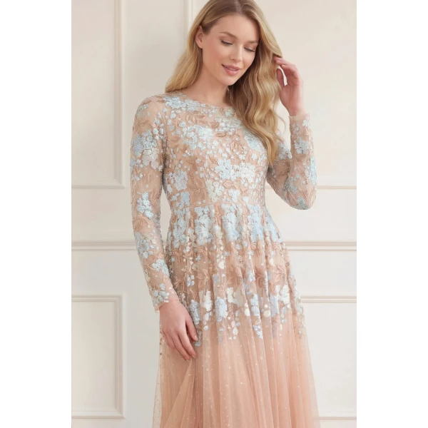 Needle and Thread Wisteria Dot Long Sleeve Gown in Biscuit/Blue, view 3