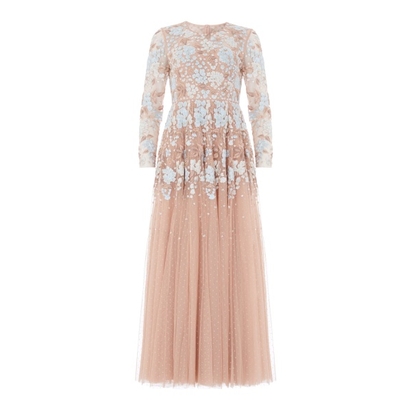 Needle and Thread Wisteria Dot Long Sleeve Gown in Biscuit/Blue