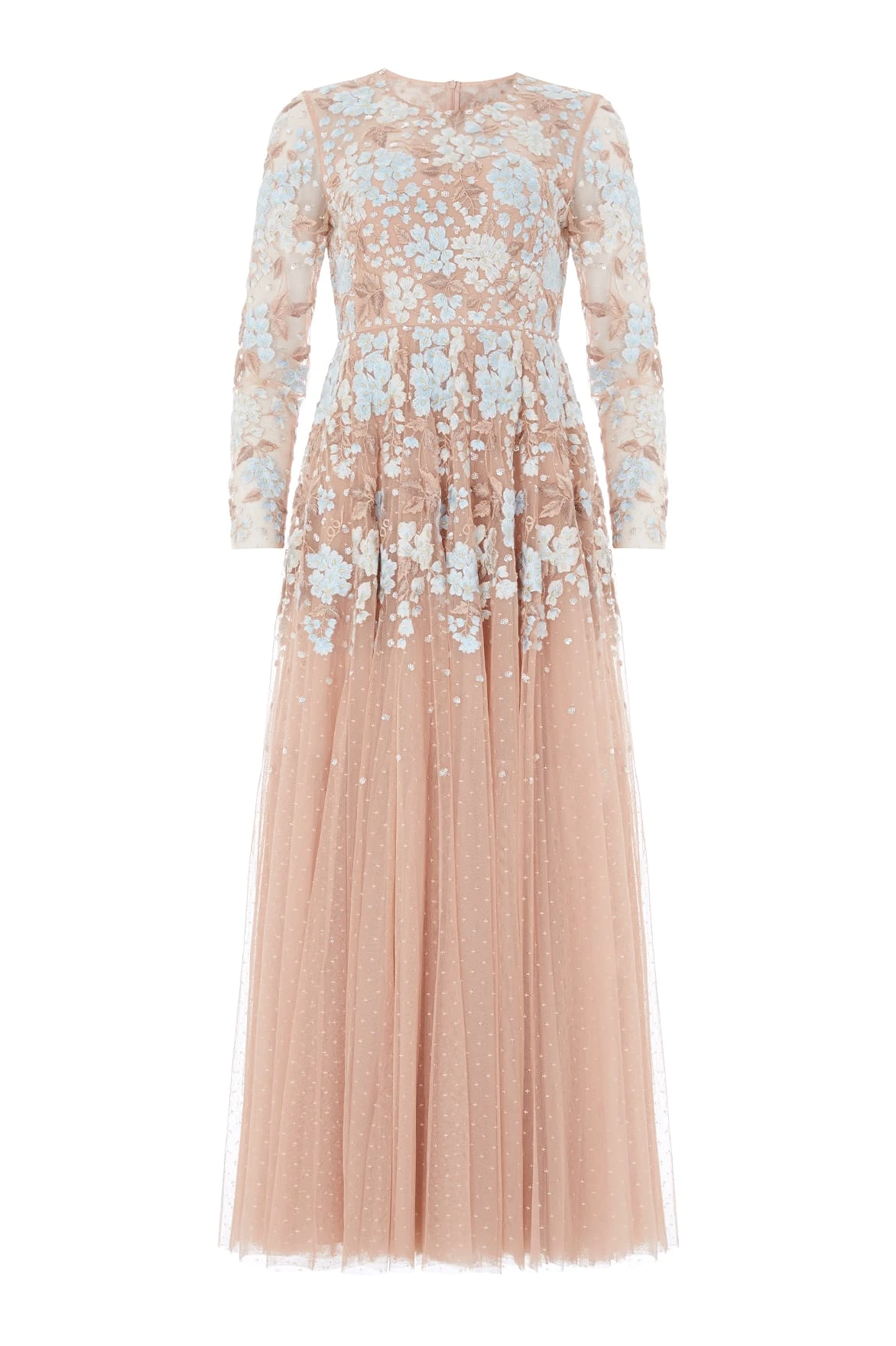 Needle & Thread Wisteria Dot Long Sleeve Gown in Biscuit/Blue - Dresses - British Luxury Evening Wear at Luxury Shoes Needle and Thread Wisteria Dot Long Sleeve Gown in Biscuit/Blue