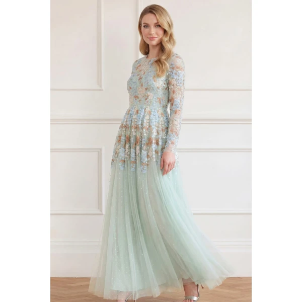 Needle and Thread Wisteria Dot Long Sleeve Gown in Sea/Mist, view 2