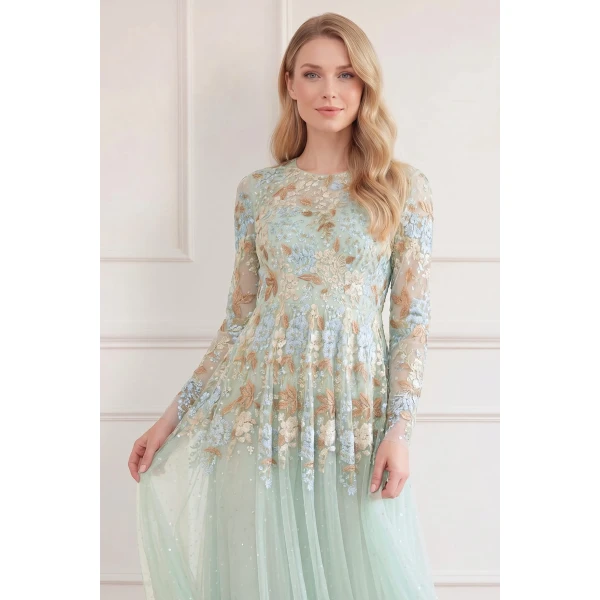 Needle and Thread Wisteria Dot Long Sleeve Gown in Sea/Mist, view 3