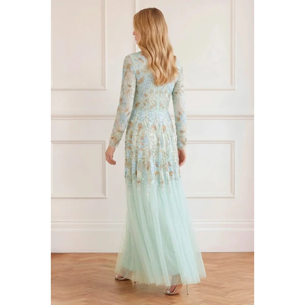 Needle and Thread Wisteria Dot Long Sleeve Gown in Sea/Mist, view 5