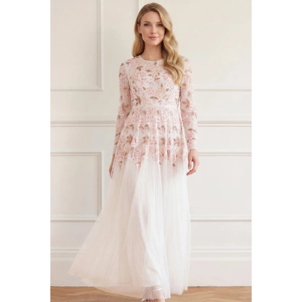 Needle and Thread Wisteria Dot Long Sleeve Gown in Swan White, view 2