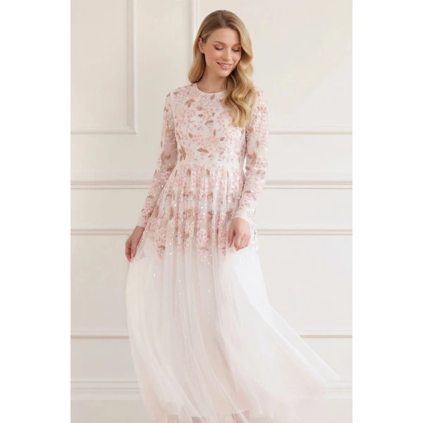 Needle and Thread Wisteria Dot Long Sleeve Gown in Swan White, view 3