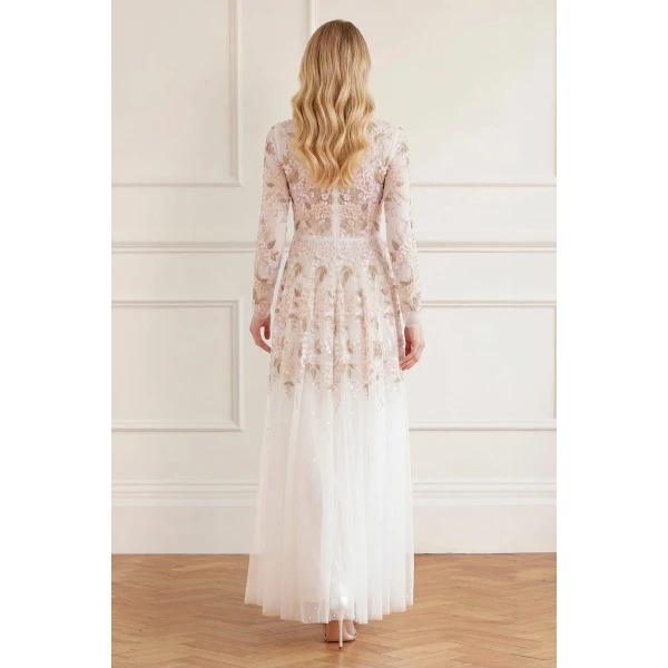 Needle and Thread Wisteria Dot Long Sleeve Gown in Swan White, view 6
