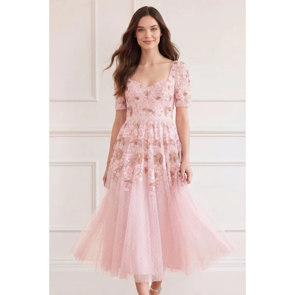 Needle and Thread Wisteria Dot Short Sleeve Ballerina Dress in Shell Pink, view 3