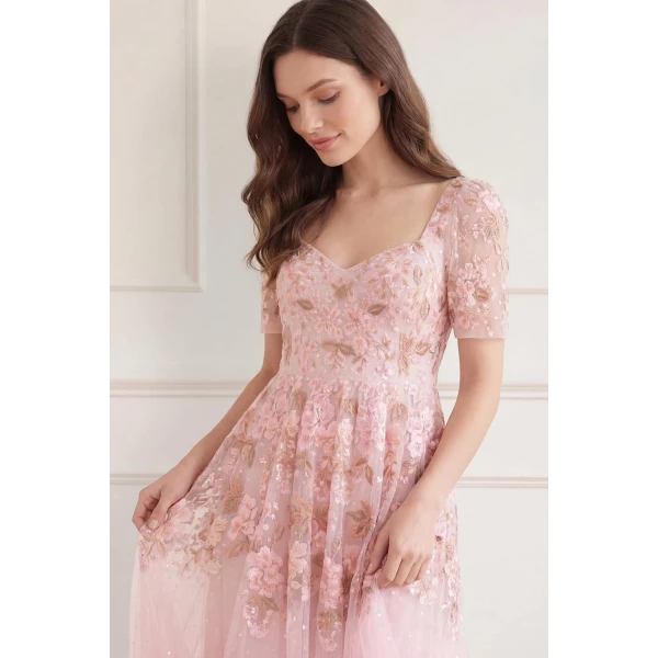 Needle and Thread Wisteria Dot Short Sleeve Ballerina Dress in Shell Pink, view 4