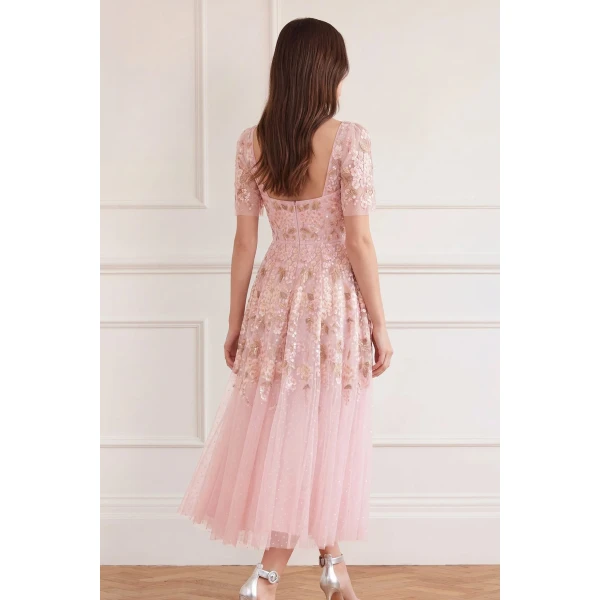 Needle and Thread Wisteria Dot Short Sleeve Ballerina Dress in Shell Pink, view 6