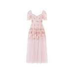 Needle and Thread Wisteria Dot Short Sleeve Ballerina Dress in Shell Pink