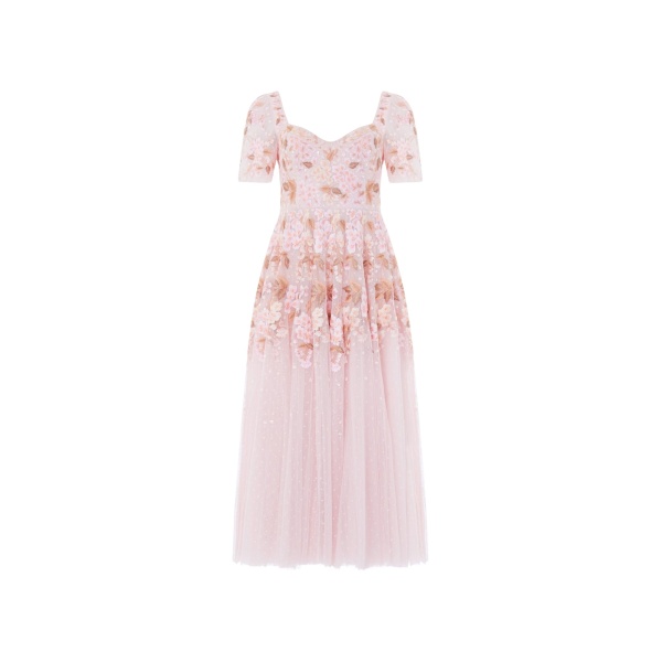 Needle and Thread Wisteria Dot Short Sleeve Ballerina Dress in Shell Pink