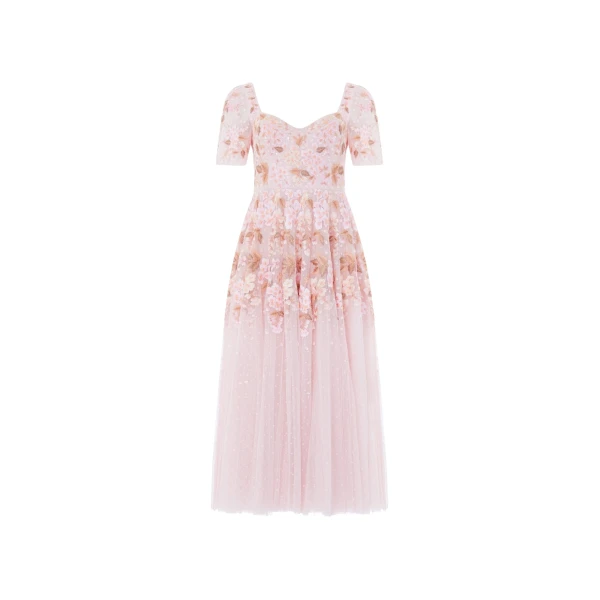 Needle and Thread Wisteria Dot Short Sleeve Ballerina Dress in Shell Pink