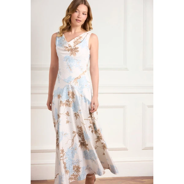 Needle and Thread Wisteria Jacquard Cowl Neck Gown in Optic White/Blue, view 3