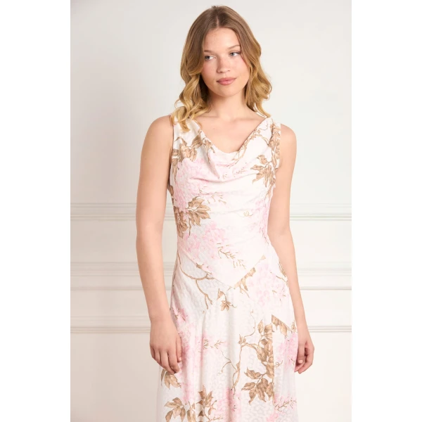 Needle and Thread Wisteria Jacquard Cowl Neck Gown in Optic White/Pink, view 3