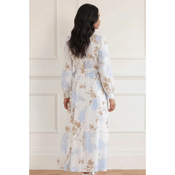 Needle and Thread Wisteria Jacquard Long Sleeve Shirt Dress in Optic White/Blue, view 3