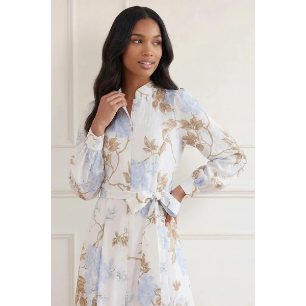 Needle and Thread Wisteria Jacquard Long Sleeve Shirt Dress in Optic White/Blue, view 4