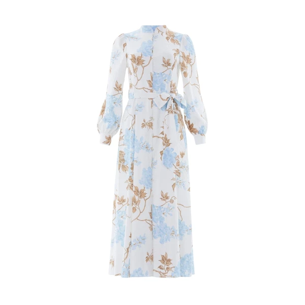 Needle and Thread Wisteria Jacquard Long Sleeve Shirt Dress in Optic White/Blue