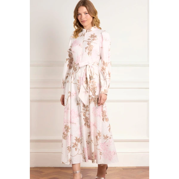 Needle and Thread Wisteria Jacquard Long Sleeve Shirt Dress in Optic White/Pink, view 2