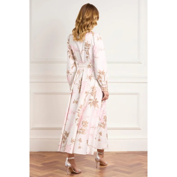 Needle and Thread Wisteria Jacquard Long Sleeve Shirt Dress in Optic White/Pink, view 5