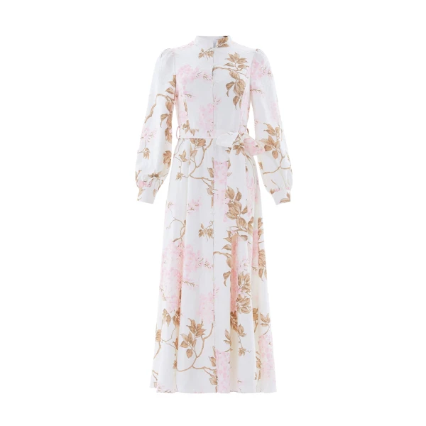 Needle and Thread Wisteria Jacquard Long Sleeve Shirt Dress in Optic White/Pink