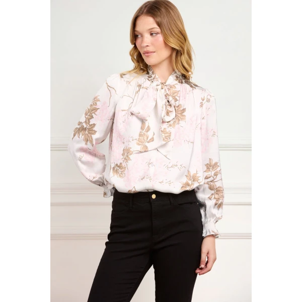 Needle and Thread Wisteria Pussy Bow Blouse in Optic White/Pink, view 2