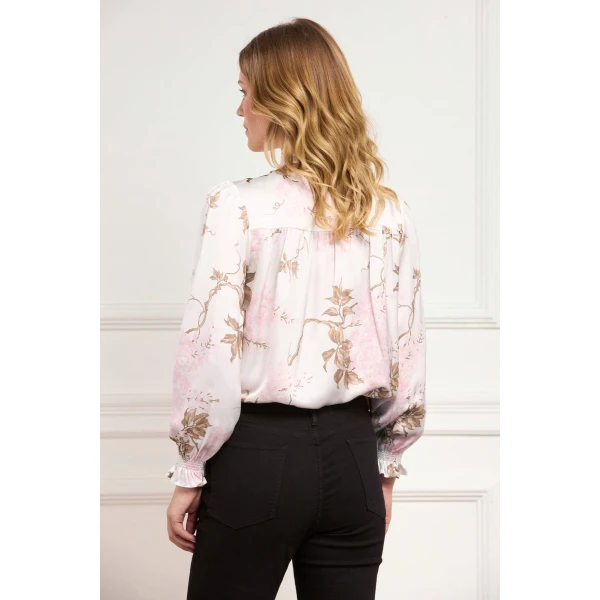 Needle and Thread Wisteria Pussy Bow Blouse in Optic White/Pink, view 3