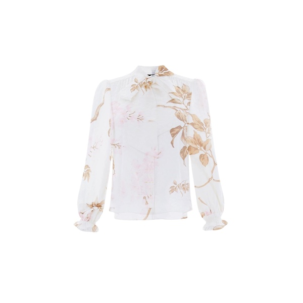 Needle and Thread Wisteria Pussy Bow Blouse in Optic White/Pink