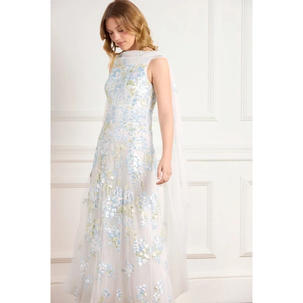 Needle and Thread Wisteria Sequin Ankle Gown in Swan White/Blue, view 2