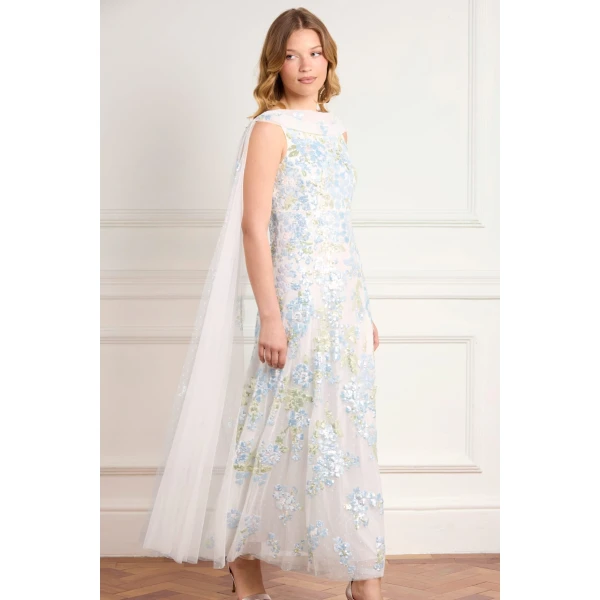 Needle and Thread Wisteria Sequin Ankle Gown in Swan White/Blue, view 3