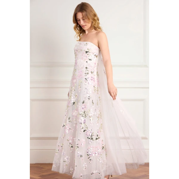 Needle and Thread Wisteria Sequin Strapless Cape Gown in Swan White/Pink, view 2