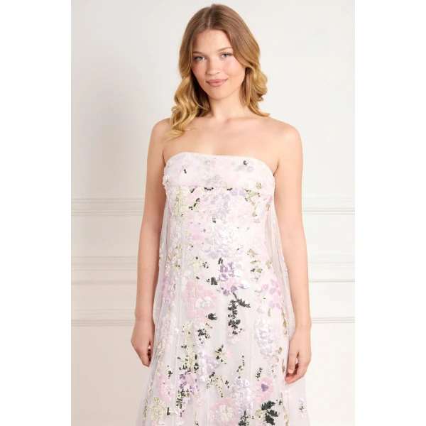 Needle and Thread Wisteria Sequin Strapless Cape Gown in Swan White/Pink, view 4