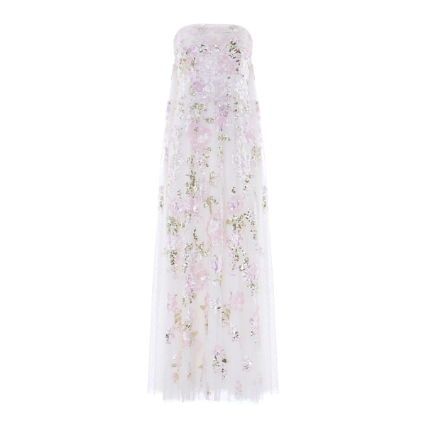 Needle and Thread Wisteria Sequin Strapless Cape Gown in Swan White/Pink