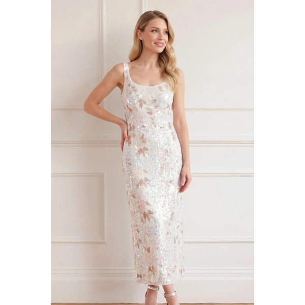 Needle and Thread Wisteria Shimmer Georgette Ankle Gown in Cream/Blue, view 2