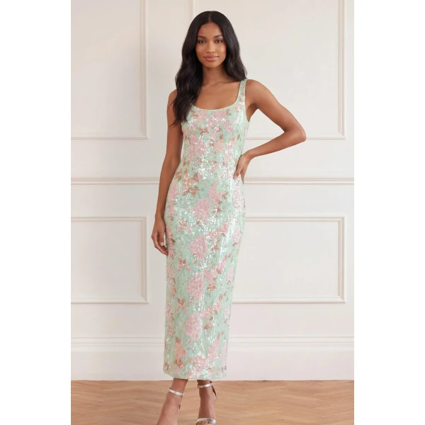 Needle and Thread Wisteria Shimmer Georgette Ankle Gown in Soft Mint/Pink, view 2