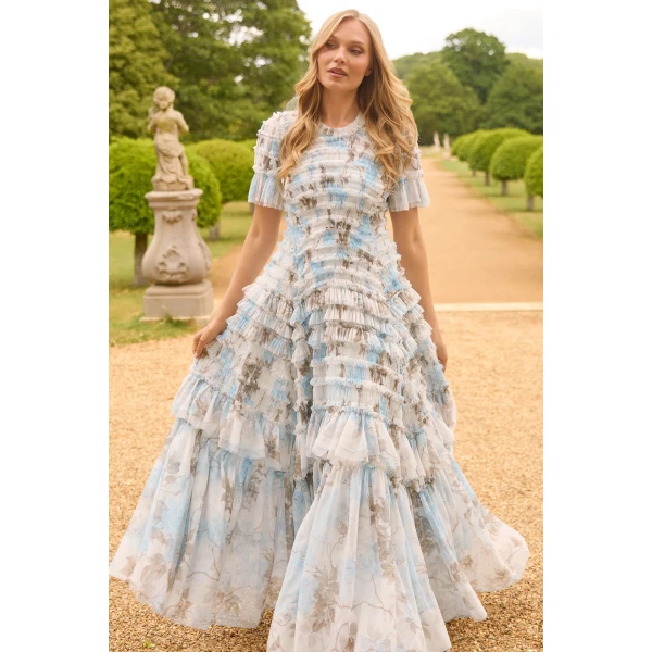 Needle and Thread Wisteria Valentine Ruffle Gown in Optic White/Blue, view 2