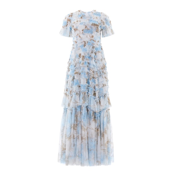 Needle and Thread Wisteria Valentine Ruffle Gown in Optic White/Blue